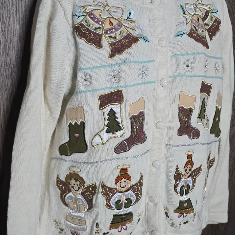 bechamel Holiday Angel Stocking Cardigan Sweater Cream Womens Christmas